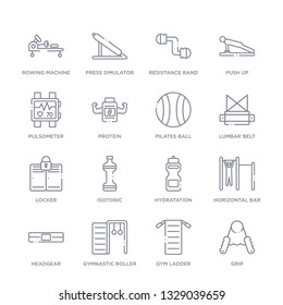 set of 16 thin linear icons such as grip, gym ladder, gymnastic roller, headgear, horizontal bar, hydratation, isotonic from gym and fitness collection on white background, outline sign icons or