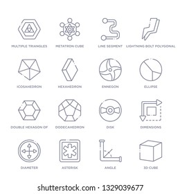 set of 16 thin linear icons such as 3d cube, angle, asterisk, diameter, dimensions, disk, dodecahedron from geometry collection on white background, outline sign icons or symbols