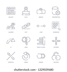 set of 16 thin linear icons such as unlock, front, undo, stretch, extend, right align, join from geometry collection on white background, outline sign icons or symbols