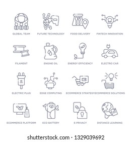 set of 16 thin linear icons such as distance learning, e-privacy, eco battery, ecommerce platform, ecommerce solutions, ecommerce strategy, edge computing from general collection on white