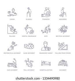 set of 16 thin linear icons such as accident, hospitalization, fall accident, car accident, falling from stairs, insurance agent, hand accident from insurance collection on white background, outline