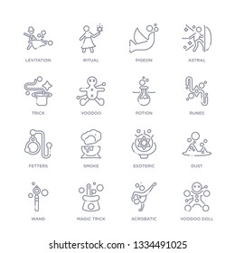 set of 16 thin linear icons such as voodoo doll, acrobatic, magic trick, wand, dust, esoteric, smoke from magic collection on white background, outline sign icons or symbols