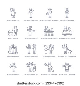 set of 16 thin linear icons such as astronaut woman, accounter woman, woman make up, woman chemist,