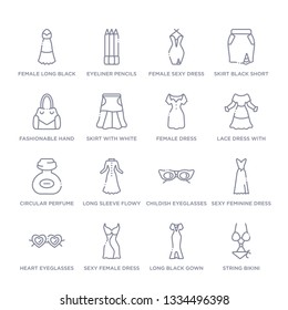 set of 16 thin linear icons such as string bikini, long black gown, sexy female , heart eyeglasses, sexy feminine dress in black,
