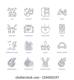 set of 16 thin linear icons such as sparkle, dance floor, music note, mirror ball, sound waves, disco, levels from discotheque collection on white background, outline sign icons or symbols