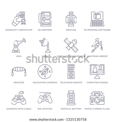 set of 16 thin linear icons such as photo camera flash, vertical battery with three bars, big joystick, gamepad with cable, computer screen linux, television remote control, navigation compass from