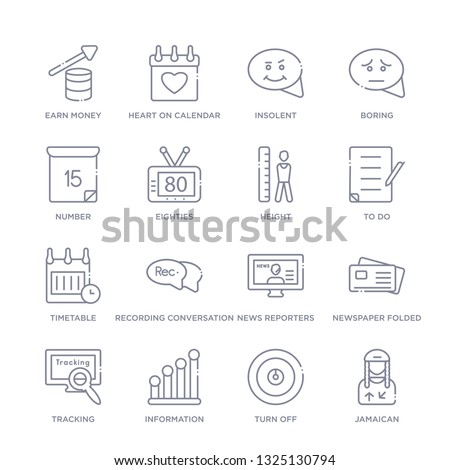 set of 16 thin linear icons such as jamaican, turn off, information, tracking, newspaper folded, news reporters, recording conversation from user interface collection on white background, outline