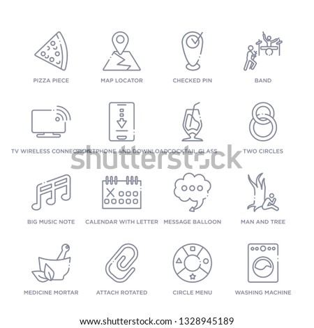 set of 16 thin linear icons such as washing machine with dots, circle menu, attach rotated, medicine mortar, man and tree, message balloon, calendar with letter x from ultimate glyphicons collection