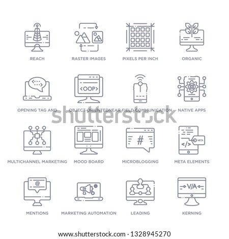 set of 16 thin linear icons such as kerning, leading, marketing automation, mentions, meta elements, microblogging, mood board from technology collection on white background, outline sign icons or