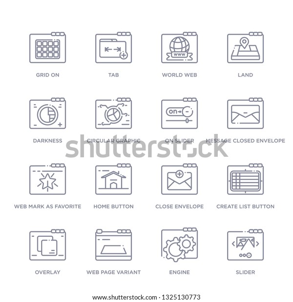set of 16 thin linear icons such as slider,\
engine, web page variant, overlay, create list button, close\
envelope, home button from web collection on white background,\
outline sign icons or\
symbols