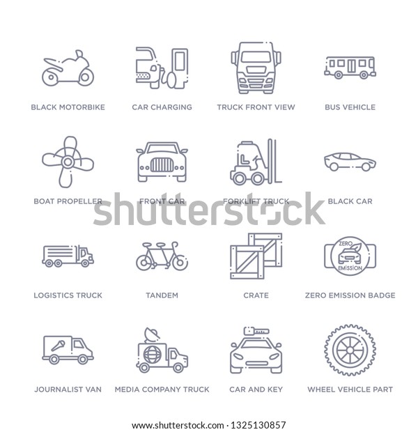 set of 16 thin linear icons such as wheel vehicle\
part, car and key, media company truck with satellite, journalist\
van, zero emission badge, crate, tandem from transport collection\
on white