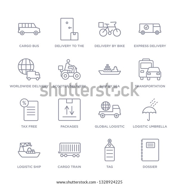 set of 16 thin linear icons such as dossier, tag,\
cargo train, logistic ship, logistic umbrella, global logistic,\
packages from delivery and logistic collection on white background,\
outline sign