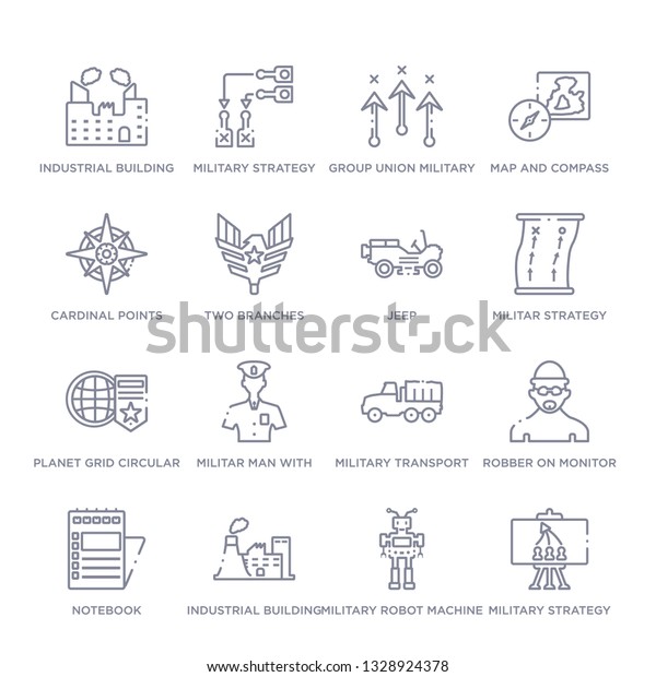 set of 16 thin linear icons such as military\
strategy, military robot machine, industrial building, notebook,\
robber on monitor, military transport, militar man with protection\
from army collection