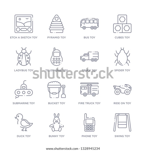 set of 16 thin\
linear icons such as swing toy, phone toy, bunny toy, duck ride on\
fire truck bucket toy from toys collection on white background,\
outline sign icons or\
symbols