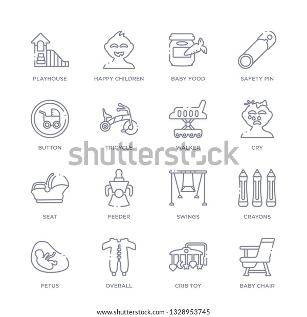 set of 16\
thin linear icons such as baby chair, crib toy, overall, fetus,\
crayons, swings, feeder from kid and baby collection on white\
background, outline sign icons or\
symbols