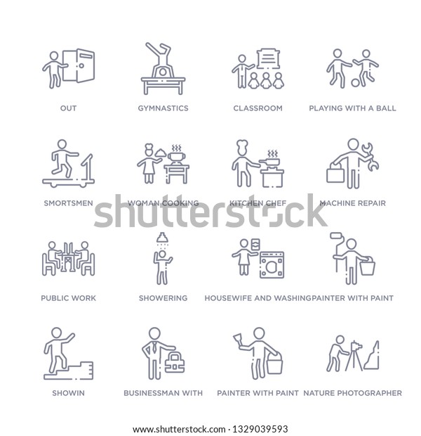 set of 16 thin linear icons such as nature\
photographer, painter with paint bucket, businessman with tie,\
showin, painter with paint roller, housewife and washing machine,\
showering from humans