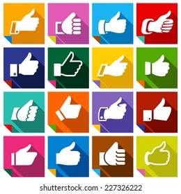 Set of 16 Thumbs up on squares stickers with bent colored angles