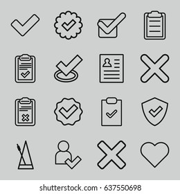 set of 16 tick outline icons such as tick, clipboard, metronome, cross, add user, shield, heart, resume