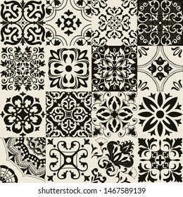 Set of 16 tiles Azulejos in black, beige. Original traditional Portuguese and Spain decor. Seamless patchwork tile with Victorian motives. Ceramic tile in talavera style. Gaudi mosaic. Vector