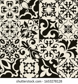 Set of 16 tiles Azulejos in black, beige. Original traditional Portuguese and Spain decor. Seamless patchwork tile with Victorian motives. Ceramic tile in talavera style. Gaudi mosaic. Vector