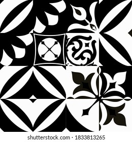 Set of 16 tiles Azulejos in black, white. Original traditional Portuguese and Spain decor. Seamless patchwork tile with Victorian motives. Ceramic tile in talavera style.  Vector