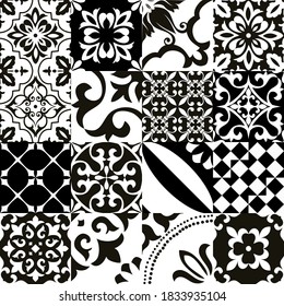 Set of 16 tiles Azulejos in black, white. Original traditional Portuguese and Spain decor. Seamless patchwork tile with Victorian motives. Ceramic tile in talavera style. Gaudi mosaic. Vector