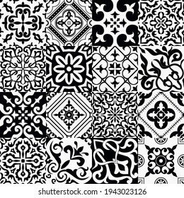 Ensemble de 16 carreaux Azulejos en noir, blanc. Décoration traditionnelle originale portugaise et espagnole. Carrelage harmonieux en mosaïque avec motifs victoriens. Tuiles en céramique de style talavera. Mosaïque de Gaudi. Image vectorielle