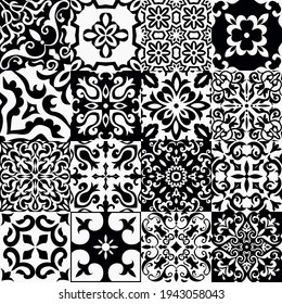 Set von 16 Fliesen Azulejos auf Schwarz, Weiß. Die traditionelle portugiesische und spanische Dekoration. Nahtlose Fliese mit viktorianischen Motiven. Keramikfliesen im Talavera-Stil. Gaudi-Mosaik. Vektorgrafik