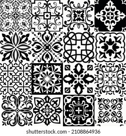 Set of 16 tiles Azulejos in black, white. Seamless patchwork tile with Victorian motifs. Original traditional Portuguese and Spain decor.  Tiles in dutch, portuguese, spanish, italian style.
Vector