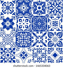 Set of 16 tiles Azulejos in blue, white. Original traditional Portuguese and Spain decor. Seamless patchwork tile with Victorian motives. Ceramic tile in talavera style. Gaudi mosaic. Vector