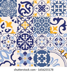 Set of 16 tiles Azulejos in blue, gray, yellow. Original traditional Portuguese and Spain decor. Seamless patchwork tile with Victorian motives. Ceramic tile in talavera style. Gaudi mosaic. Vector