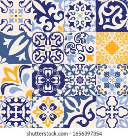 Set von 16 Fliesen Azulejos auf Blau, Grau, Gelb. Die traditionelle portugiesische und spanische Dekoration. Nahtlose Fliese mit viktorianischen Motiven. Keramikfliesen im Talavera-Stil. Gaudi-Mosaik. Vektorillustration