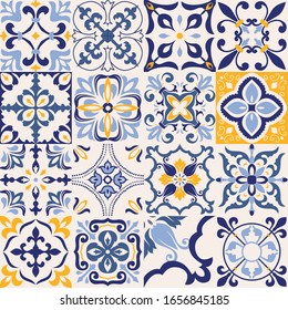 Set of 16 tiles Azulejos in blue, gray, yellow. Original traditional Portuguese and Spain decor. Seamless patchwork tile with Victorian motives. Ceramic tile in talavera style. Gaudi mosaic. Vector