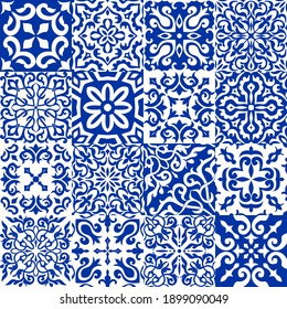 Set von 16 Fliesen Azulejos auf Blau, Weiß. Die traditionelle portugiesische und spanische Dekoration. Nahtlose Fliese mit viktorianischen Motiven. Keramikfliesen im Talavera-Stil. Gaudi-Mosaik. Vektorgrafik