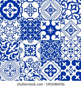 Set of 16 tiles Azulejos in blue, white. Original traditional Portuguese and Spain decor. Seamless patchwork tile with Victorian motives. Ceramic tile in talavera style. Gaudi mosaic. Vector