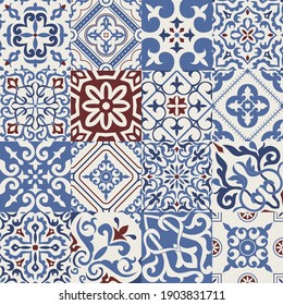 Set of 16 tiles Azulejos in blue, brown, gray. Original traditional Portuguese and Spain decor. Seamless patchwork tile with Victorian motives. Ceramic tile in talavera style. Gaudi mosaic. Vector