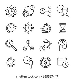 Set of 16 time management thin line icons. High quality pictograms of time. Modern outline style icons collection. Business, reminder, planning; start; schedule, etc.