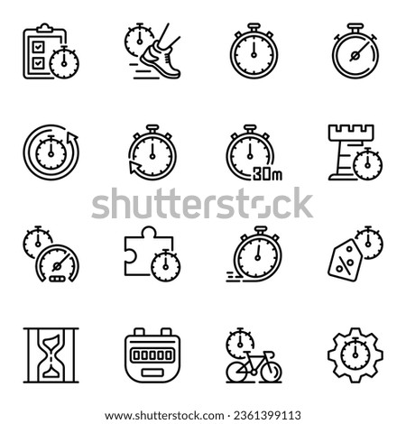 Set of 16 timestamp or stopwatch line icons. schedule, measurement, record, race, exercising, watch, management, pictogram, stroke, running, rush, speed, arrow, outline, measuring