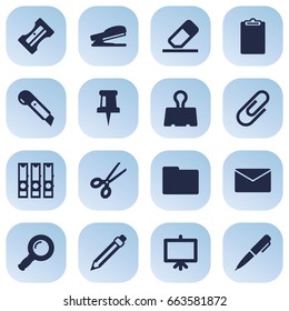 Set Of 16 Tools Icons Set.Collection Of Pushpin, Binder, Knife And Other Elements.