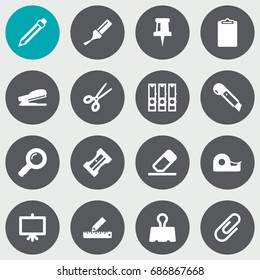 Set Of 16 Tools Icons Set.Collection Of Zoom Glasses, Clippers, Binder And Other Elements.