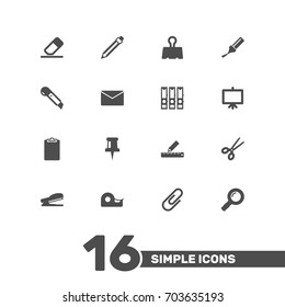 Set Of 16 Tools Icons Set.Collection Of Highlighter, Binder, Clippers And Other Elements.