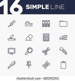 Set Of 16 Tools Outline Icons Set.Collection Of Zoom Glasses, Marker, File Folder And Other Elements.