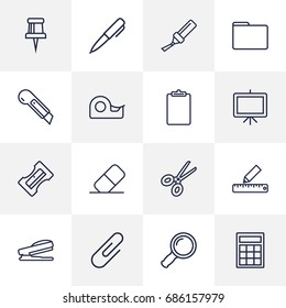 Set Of 16 Tools Outline Icons Set.Collection Of Paper Clamp, Scissors, Portfolio And Other Elements.