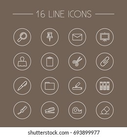 Set Of 16 Tools Outline Icons Set.Collection Of File Folder, Clipboard, Whiteboard And Other Elements.