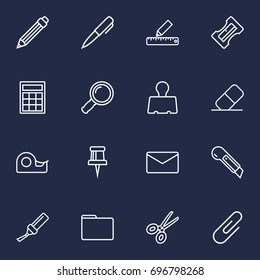 Set Of 16 Tools Outline Icons Set.Collection Of Paper Clamp, Sharpener, Drawing And Other Elements.