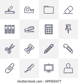 Set Of 16 Tools Outline Icons Set.Collection Of File Folder, Portfolio, Sticky And Other Elements.