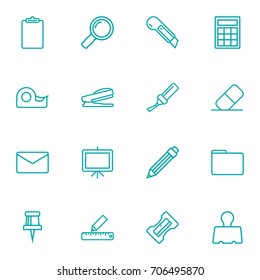 Set Of 16 Tools Outline Icons Set.Collection Of Puncher, Drawing, Sticky And Other Elements.