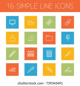 Set Of 16 Tools Outline Icons Set.Collection Of File Folder, Puncher, Marker And Other Elements.