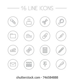 Set Of 16 Tools Outline Icons Set.Collection Of File Folder, Puncher, Paper Clamp And Other Elements.