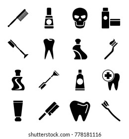 Set of 16 tooth filled icons such as cream tube, toothbrush, tooth, tooth brush, dental care